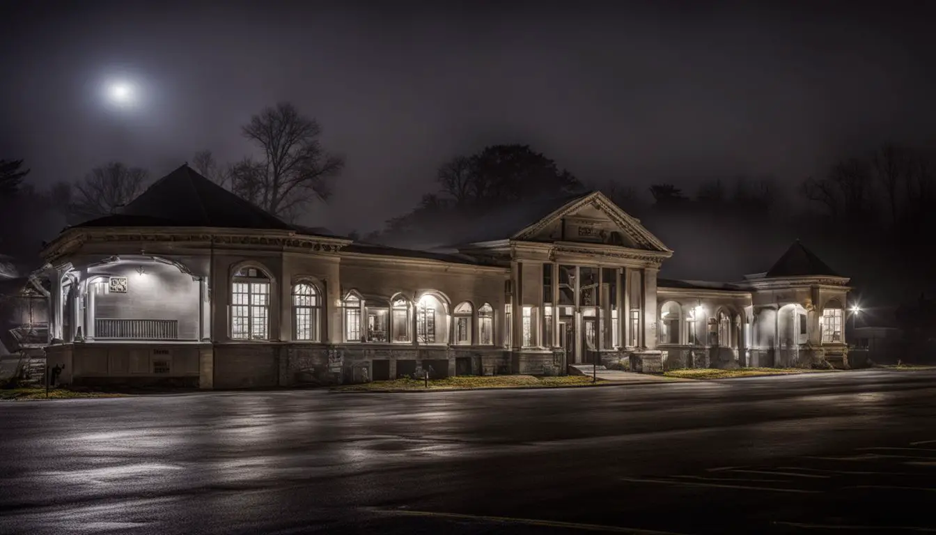 A Photo Of The Ringgold Haunted Depot At Night, Showcasing A Spooky Atmosphere With Various People And A Bustling Cityscape.