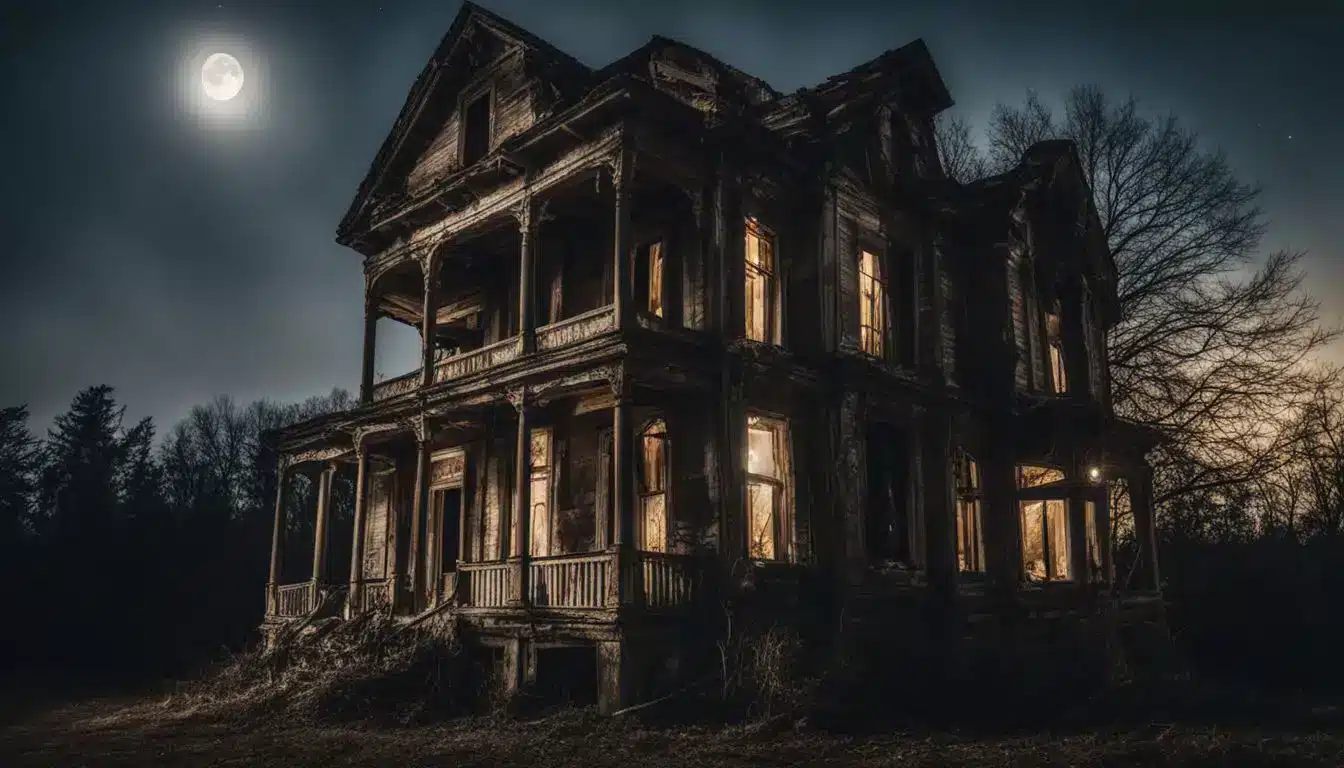 A Photo Of An Abandoned Haunted House At Night With A Full Moon Shining Through Broken Windows.