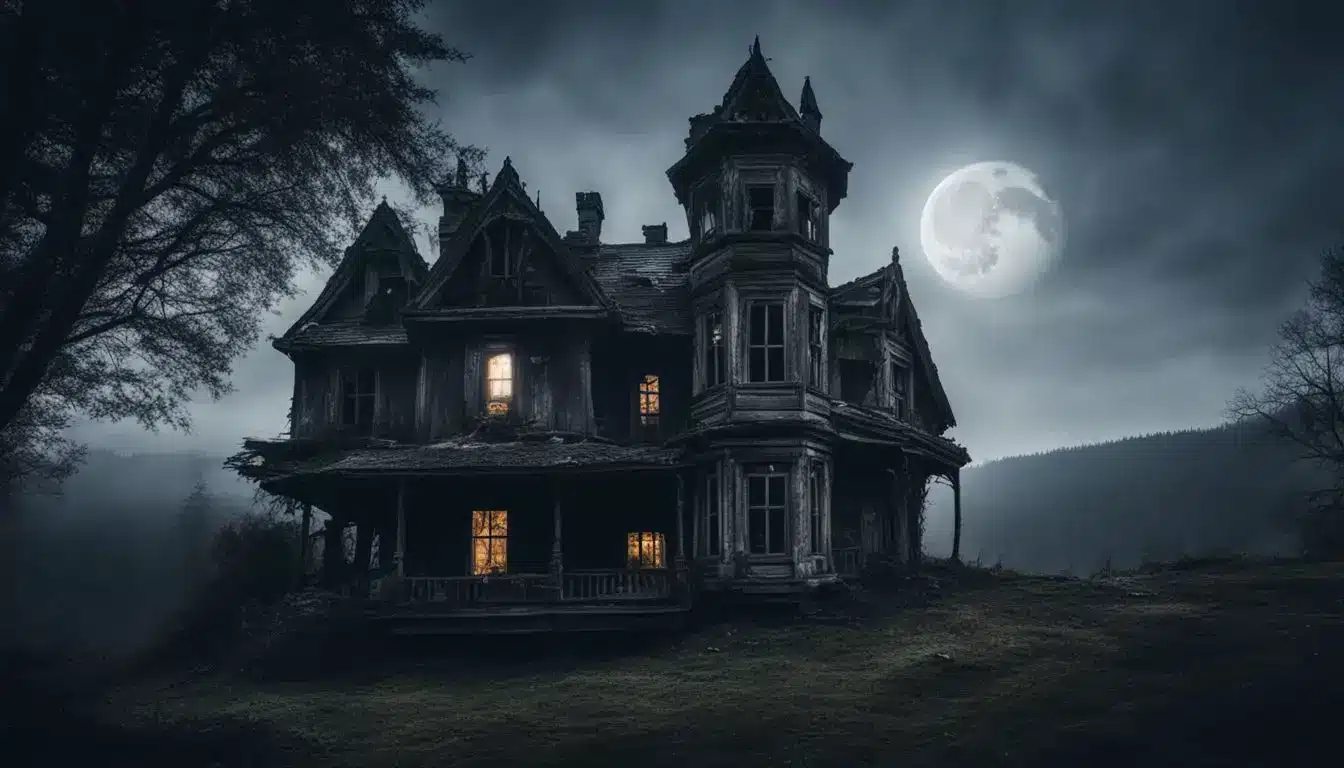 A Spooky Moonlit Hilltop With A Haunted House, Surrounded By A Dark Forest. Various People And Styles.