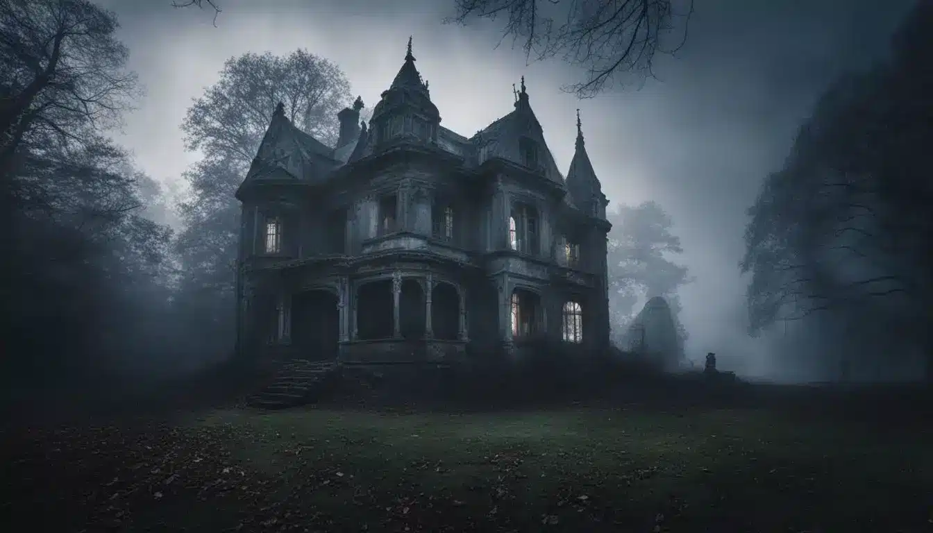 An Eerie Abandoned Haunted House Surrounded By Misty Trees And Moonlight, With Different Individuals Showcasing Varied Styles And Expressions.