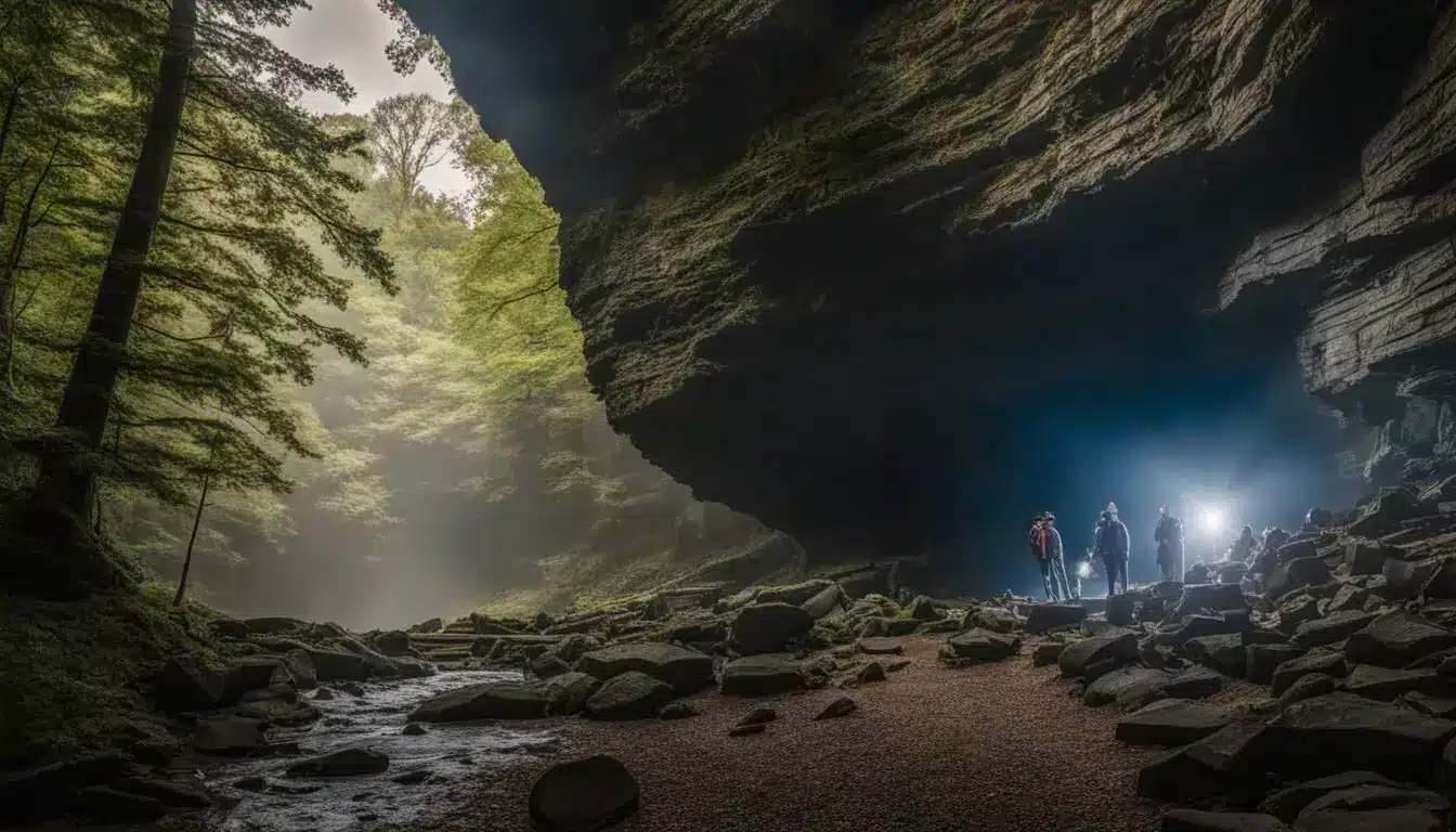 A Photo Of The Entrance To Bell Witch Cave, Surrounded By Dense Forest, Featuring A Variety Of People With Different Styles And Outfits.