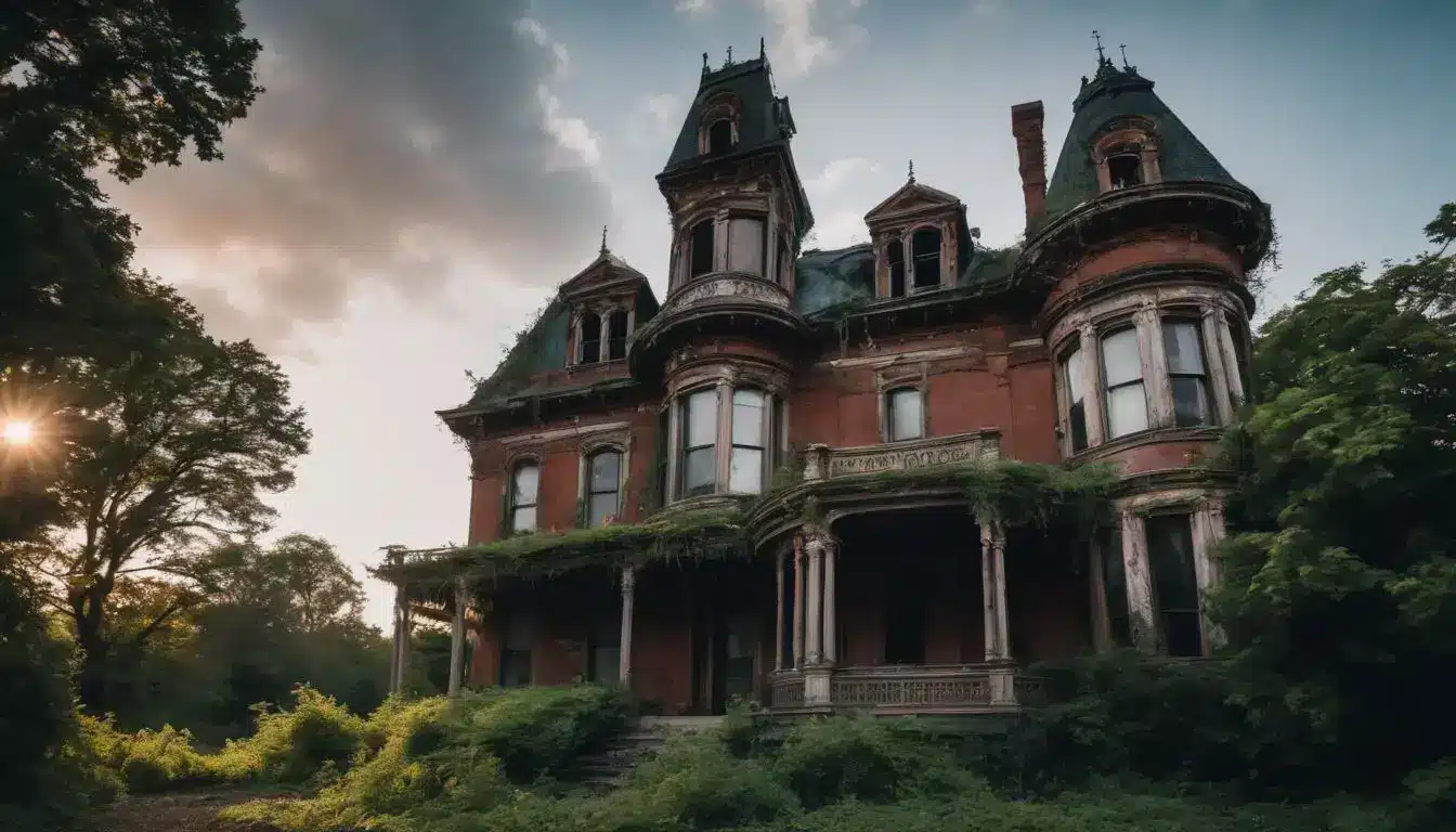 A Creepy Abandoned Victorian Mansion With Overgrown Vines, Surrounded By A Bustling Cityscape, Featuring A Diverse Group Of People.
