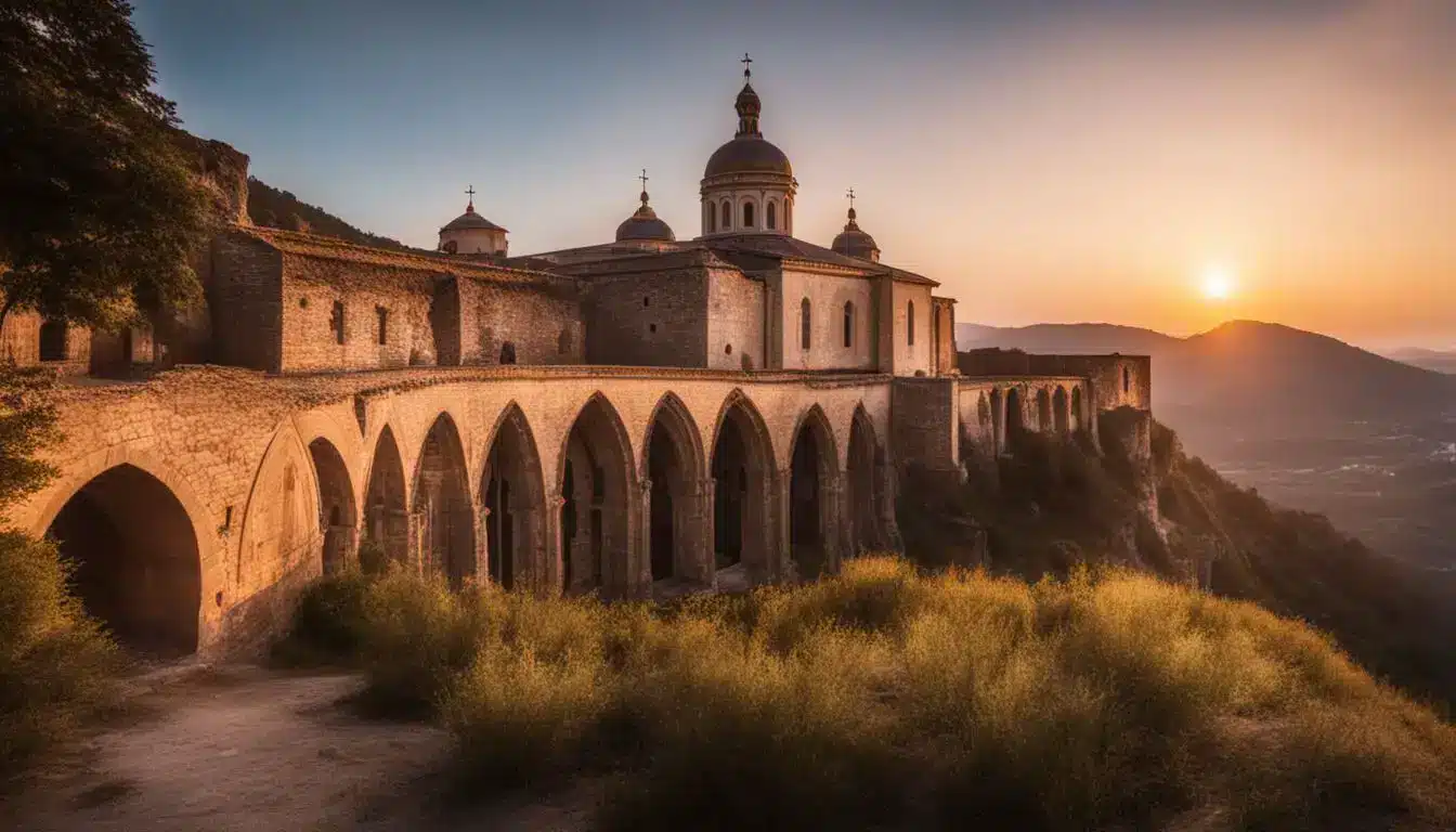 A Vibrant Photo Of A Monastery At Sunset With Diverse People, Different Styles, And A Lively Atmosphere.