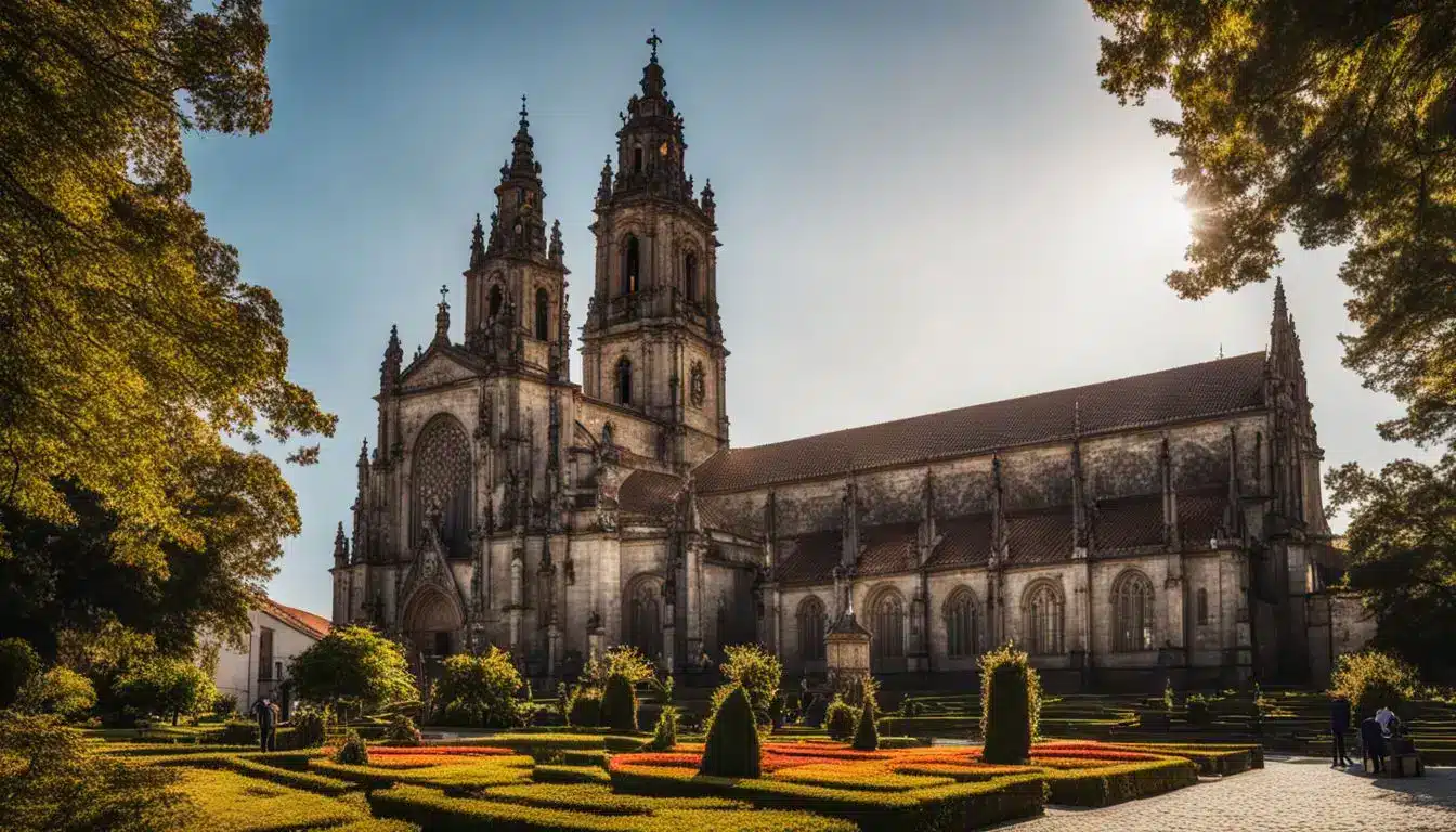 A Vibrant Photo Of The Beautiful Cathedral Of Braga And Diverse People In Colorful Surroundings.