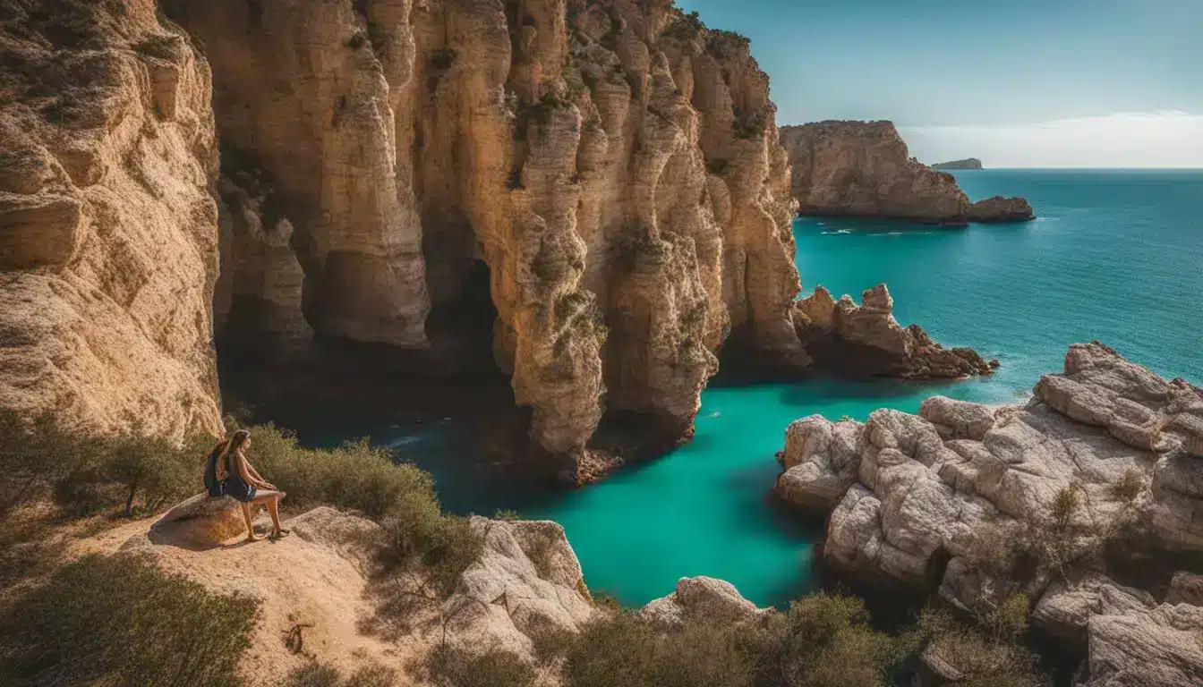 A Picture Of Beautiful Cliffs In Portimão With Diverse People And Stunning Turquoise Waters.