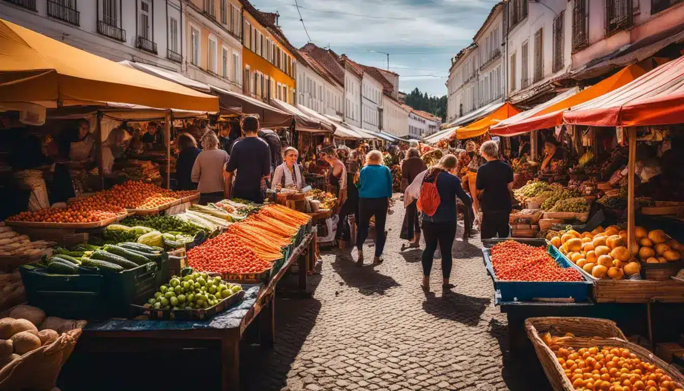 A Lively Street Market In Santarém With Colorful Produce, Diverse People, And A Bustling Atmosphere.