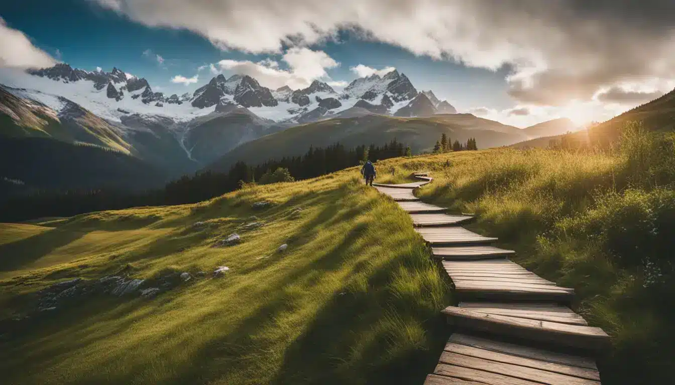 A Picturesque Wooden Hiking Trail Surrounded By Green Meadows And Snow-Capped Mountains, Captured With Stunning Detail And Clarity.