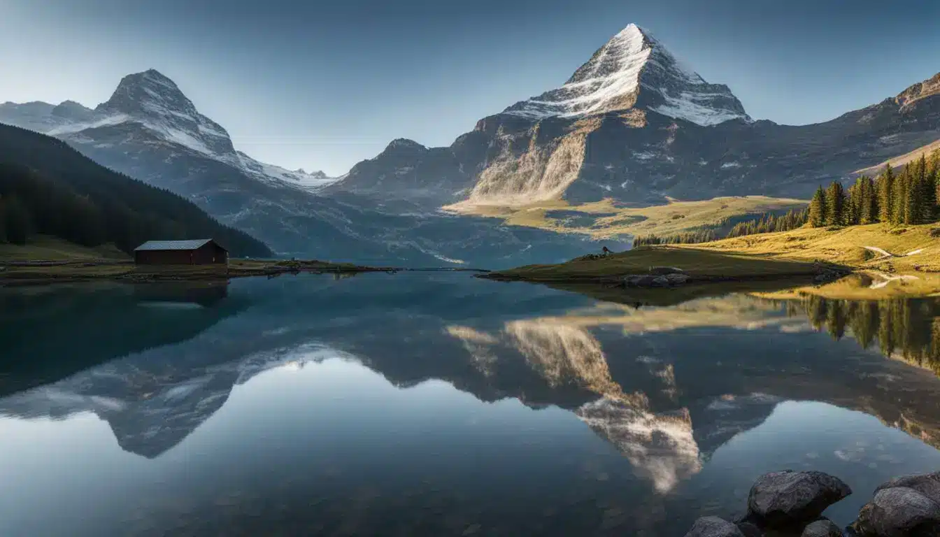 A Stunning Photo Of The Eiger Mountain Reflected In A Serene Alpine Lake, Showcasing Diverse People, Hairstyles, And Outfits.