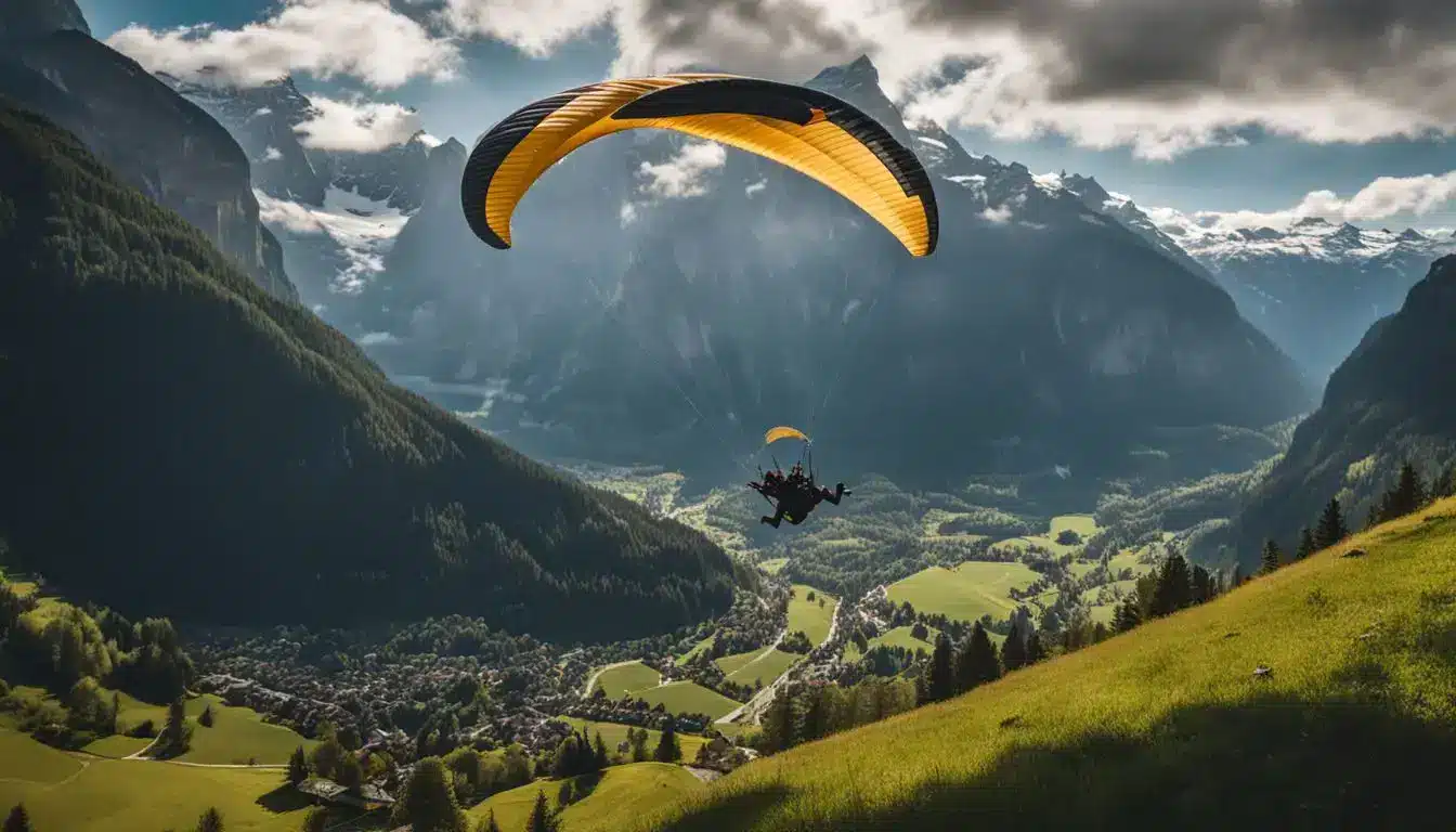A Paraglider Soars Over The Beautiful Scenery Of Lauterbrunnen, Showcasing Diverse People And Their Unique Styles.