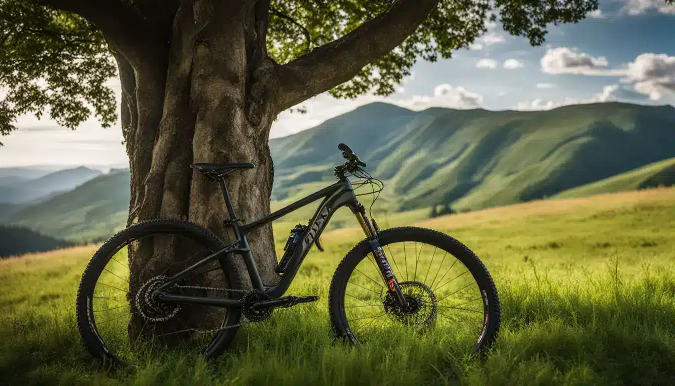 A Mountain Bike Leaning Against A Tree In Front Of Lush Green Hills, With Various People And Outfits.