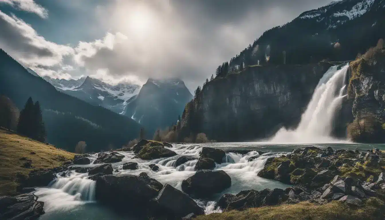 The Photo Shows The Stunning Staubbach Falls Surrounded By The Swiss Alps, With People Of Different Ethnicities And Styles Enjoying The Scenery.