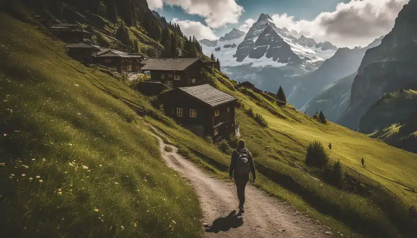 A Hiker Exploring The Scenic Mountain Trails Of Mürren, Captured In High Resolution And Vibrant Colors.