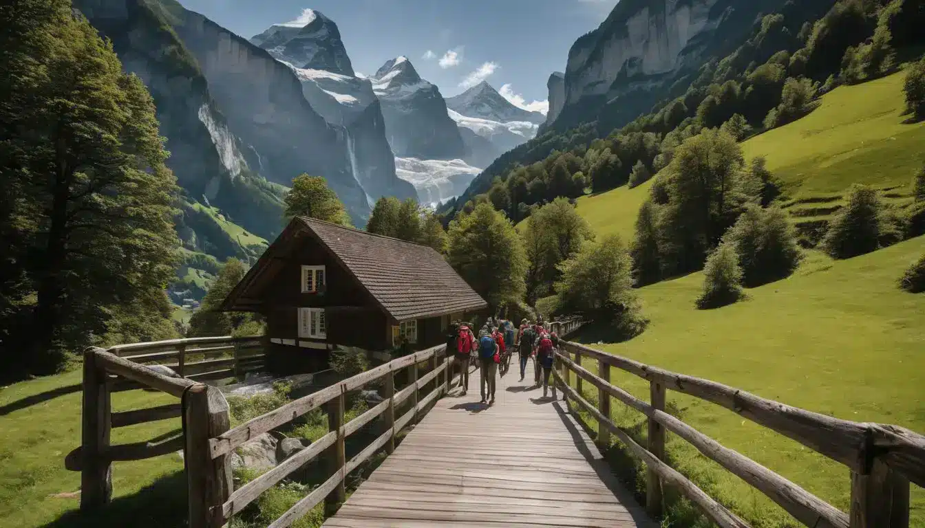 A Group Of Hikers Crosses A Wooden Bridge In Lauterbrunnen, Surrounded By Lush Mountains.