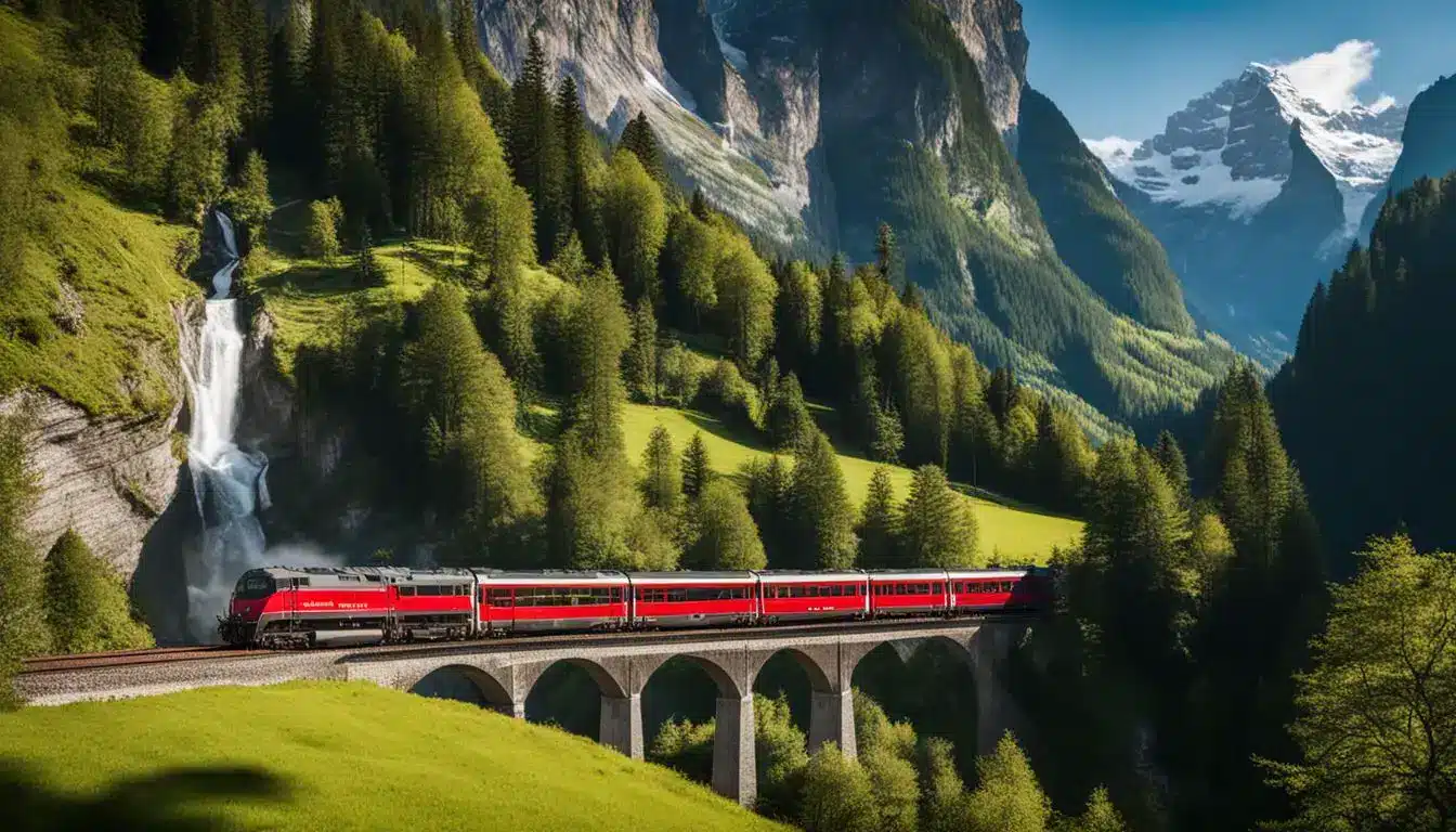 A Photo Of A Scenic Train Passing Through The Picturesque Landscape Of Lauterbrunnen With Diverse People And Beautiful Scenery.