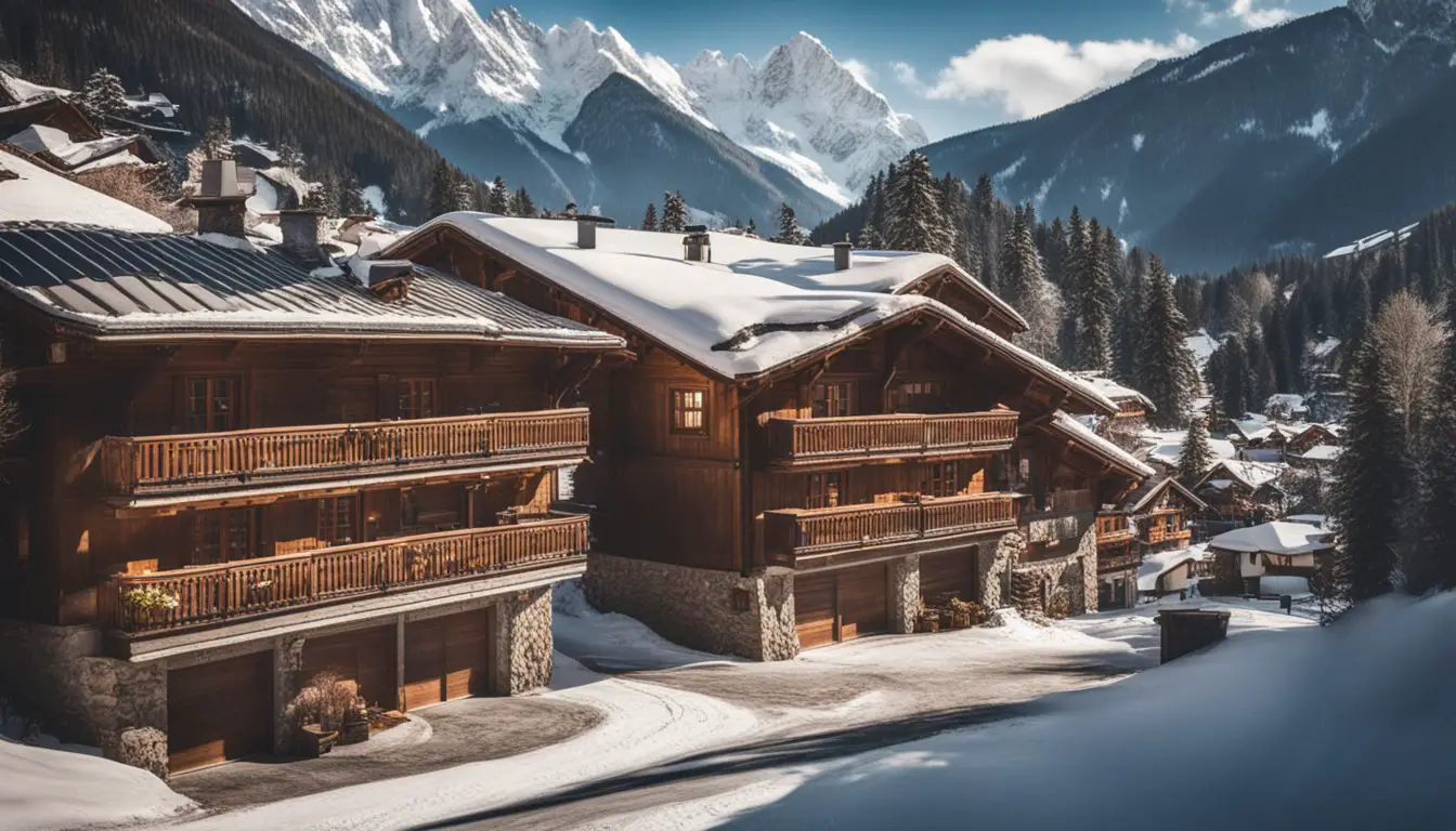 An Idyllic Alpine Village Surrounded By Snow-Capped Mountains, Featuring Charming Chalets And A Bustling Atmosphere.