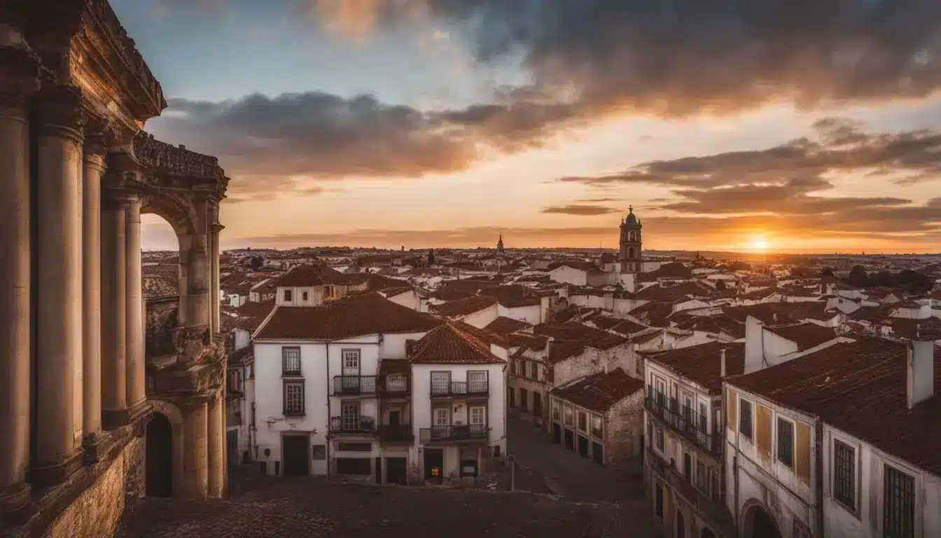 A Photo Of Well-Preserved Medieval Architecture In Beja, Portugal At Sunset, With A Bustling Atmosphere And Diverse People.
