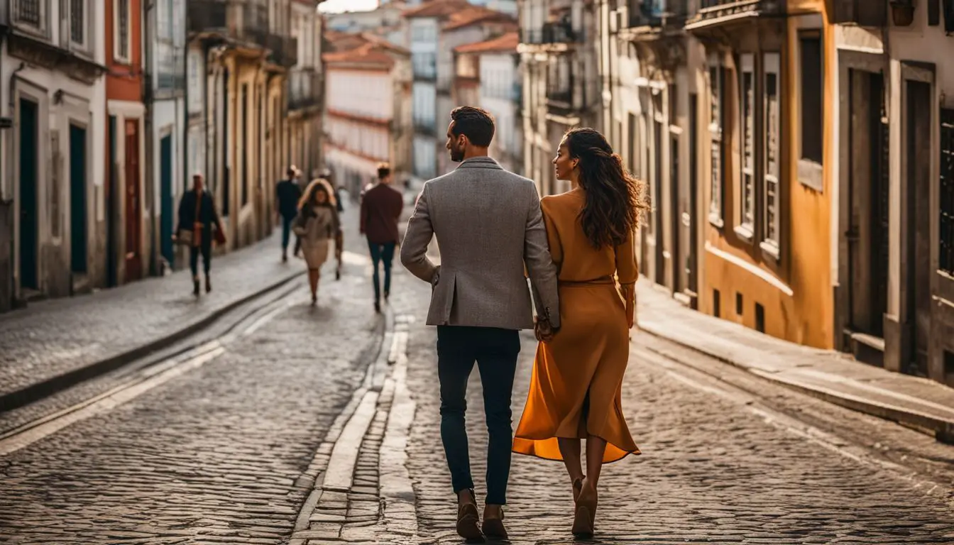 A Photo Of A Couple Walking Through The Vibrant Streets Of Porto, Featuring Diverse Faces, Hairstyles, And Outfits.