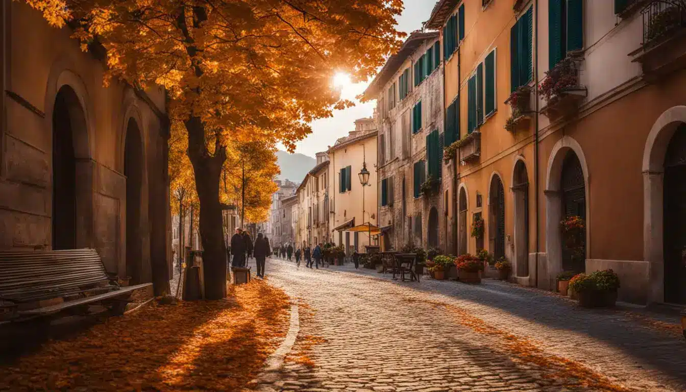 A Vibrant Street In Italy During Autumn With Colorful Buildings And Falling Leaves, Showcasing A Bustling Atmosphere.