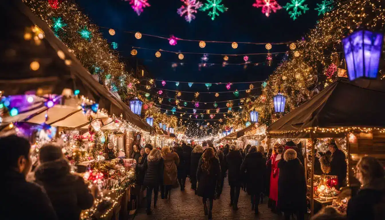 A Vibrant Christmas Market With Colorful Lights And Decorations, Busy With People Browsing Different Stalls And Enjoying The Festive Atmosphere.
