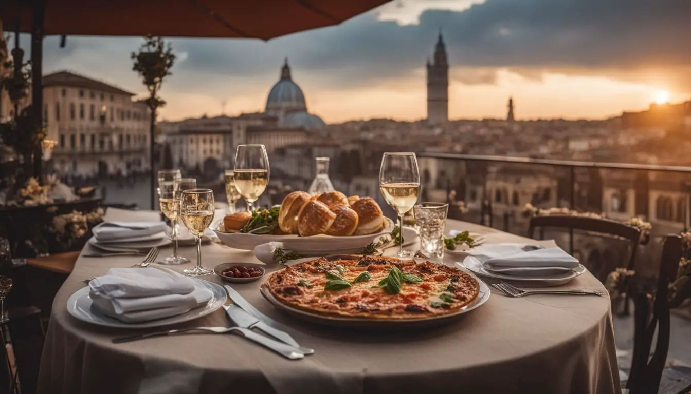 A Table Set With Delicious Italian Cuisine Overlooking A Beautiful Piazza, Without Any People In The Scene.