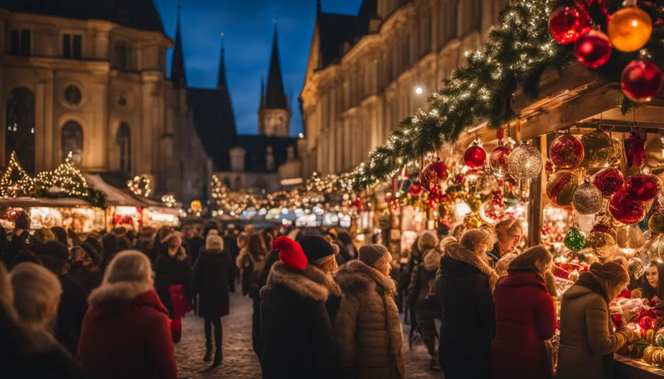 A Festive Christmas Market With Stalls Full Of Colorful Ornaments And Decorations, Bustling With Activity.