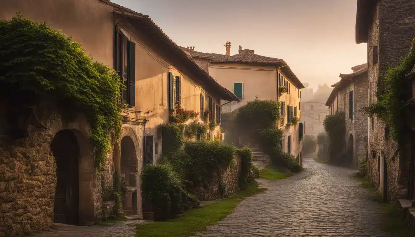 An Empty Pathway Winds Through A Picturesque Italian Village With Different Faces, Hair Styles, And Outfits.