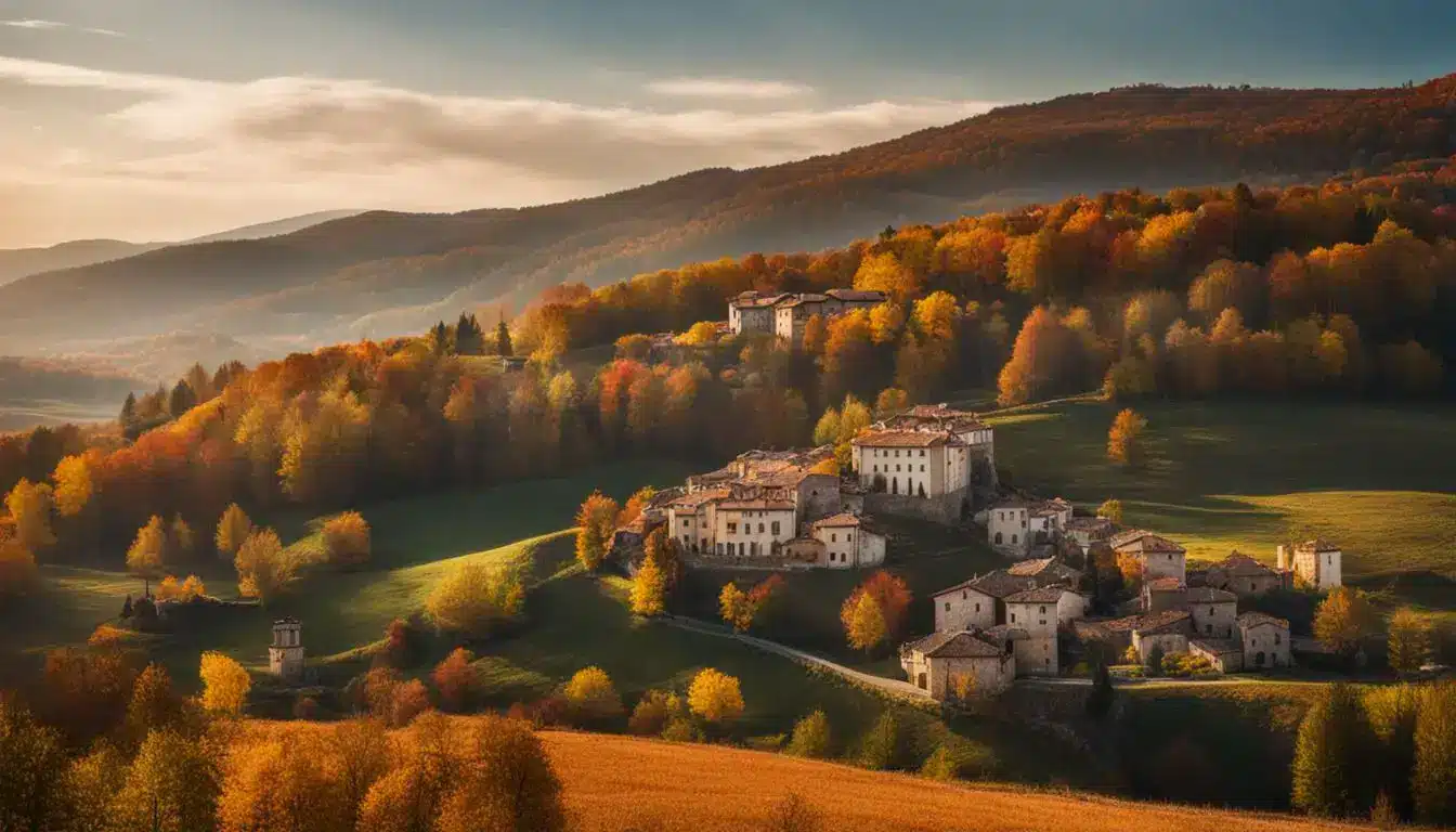 A Colorful Autumn Landscape With A Small Italian Village In The Background, Captured In Crystal Clear Detail.