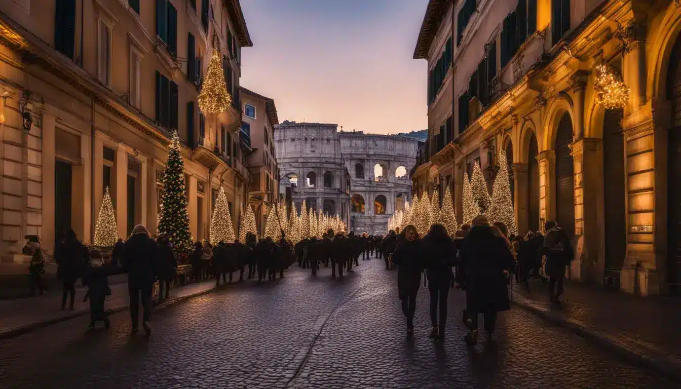 A Festive Photo Of Christmas Decorations Illuminating The Historic Streets Of Rome, Capturing The Bustling Atmosphere And Charm.