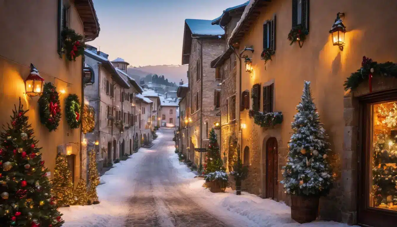 A Picturesque Italian Village With Snow-Covered Streets And Vibrant Christmas Decorations, Captured In A High-Quality Photograph.