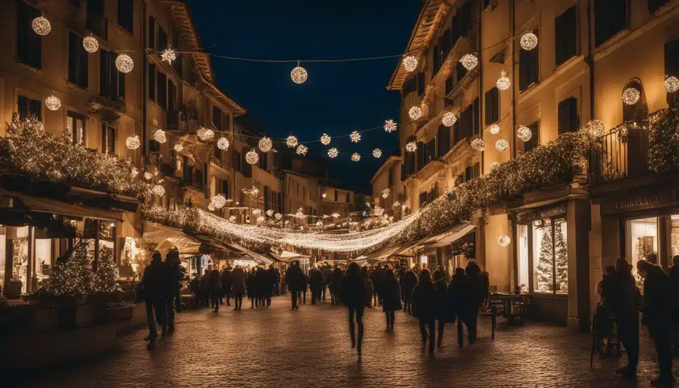 A Vibrant Italian Town Adorned With Dazzling Christmas Lights Captures The Bustling Atmosphere Of A Festive Night.