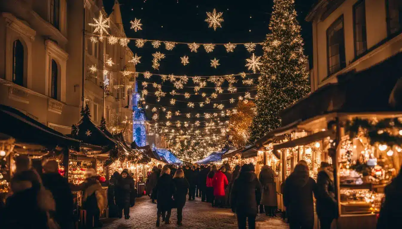 A Festive Christmas Market With Colorful Stalls, Twinkling Lights, And A Bustling Atmosphere, Captured In A Crystal Clear Photo.