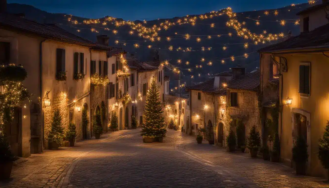 A Picturesque Italian Village At Night Adorned With Christmas Lights, Bustling With Activity And Captured In High Resolution.