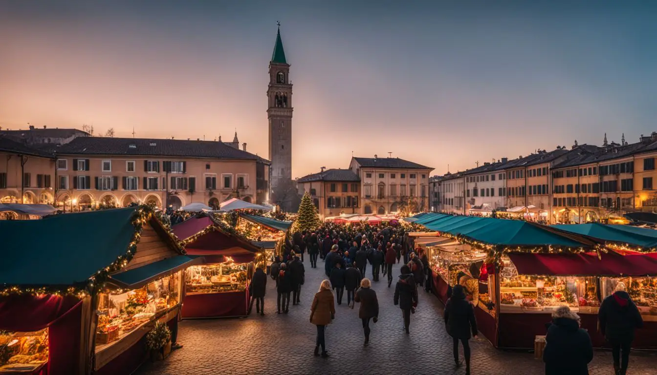 A Vibrant Italian Christmas Market Scene With Stalls, Decorations, And A Bustling Atmosphere, Captured With High-Quality Photography.