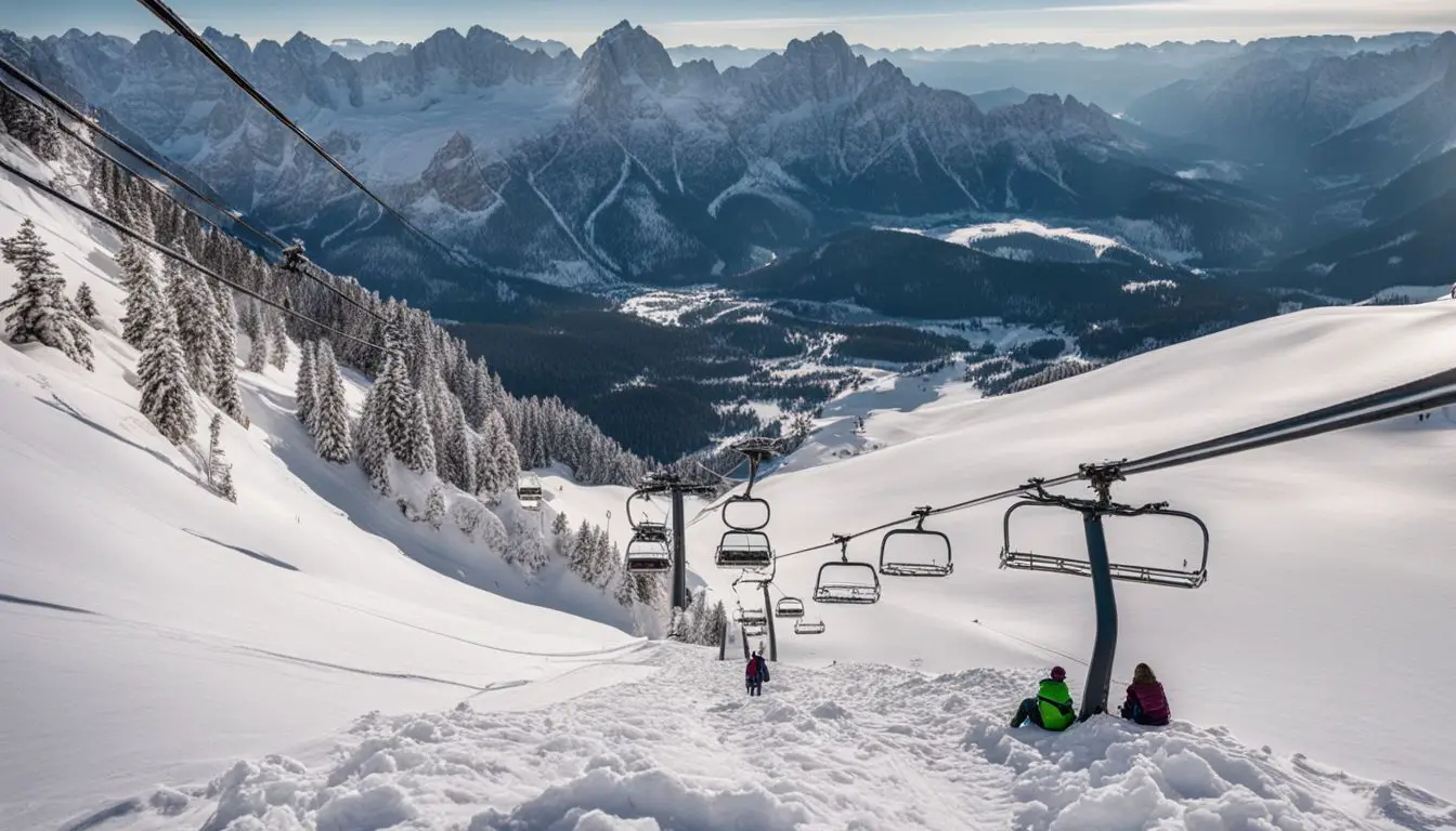 A Picturesque Winter Landscape In The Dolomite Mountain Range With Snow-Covered Slopes And A Ski Chairlift.