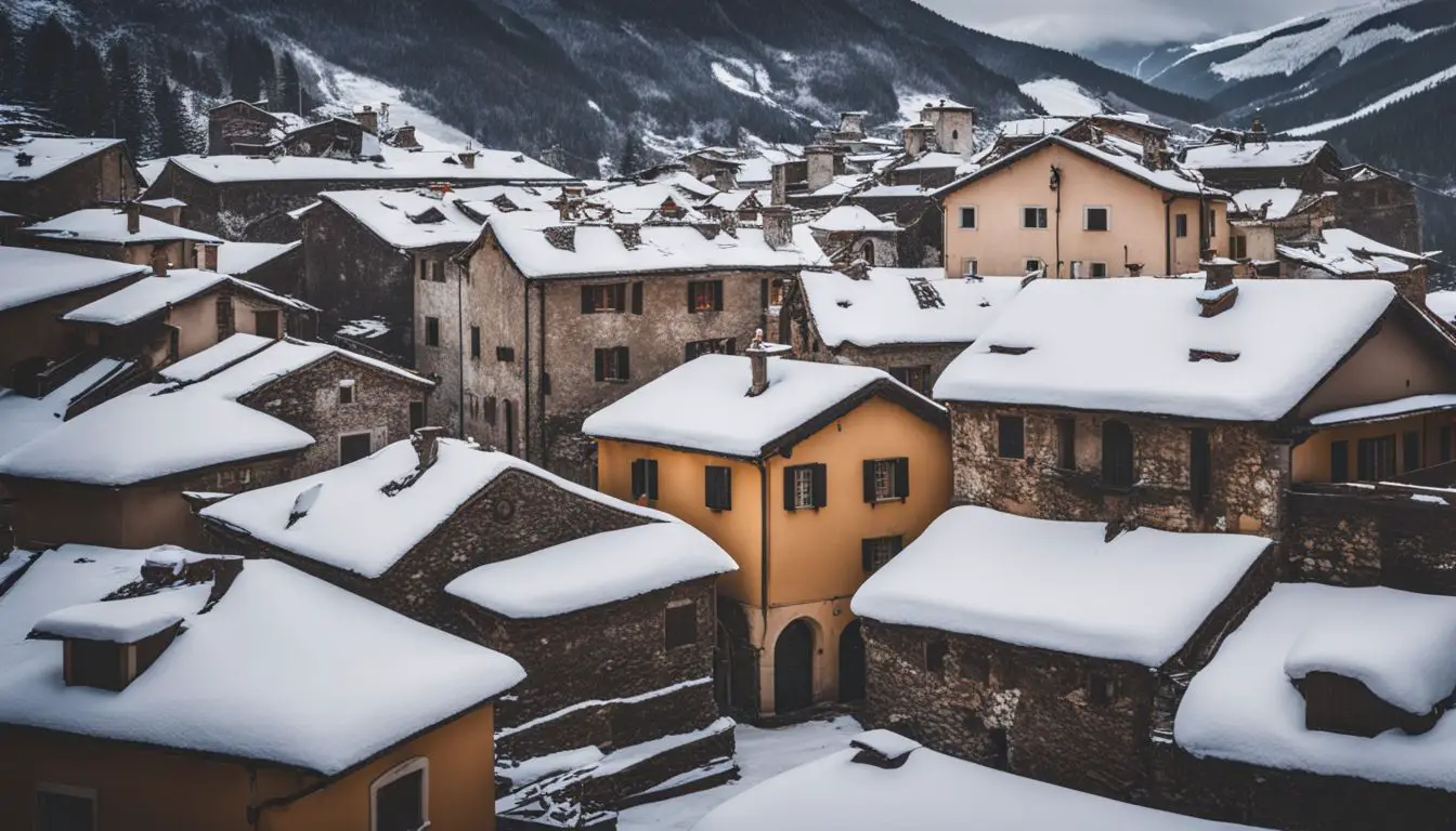 A Picturesque Italian Village With Snow-Covered Rooftops, Bustling Atmosphere, And Diverse People, Captured In A High-Quality Photograph.