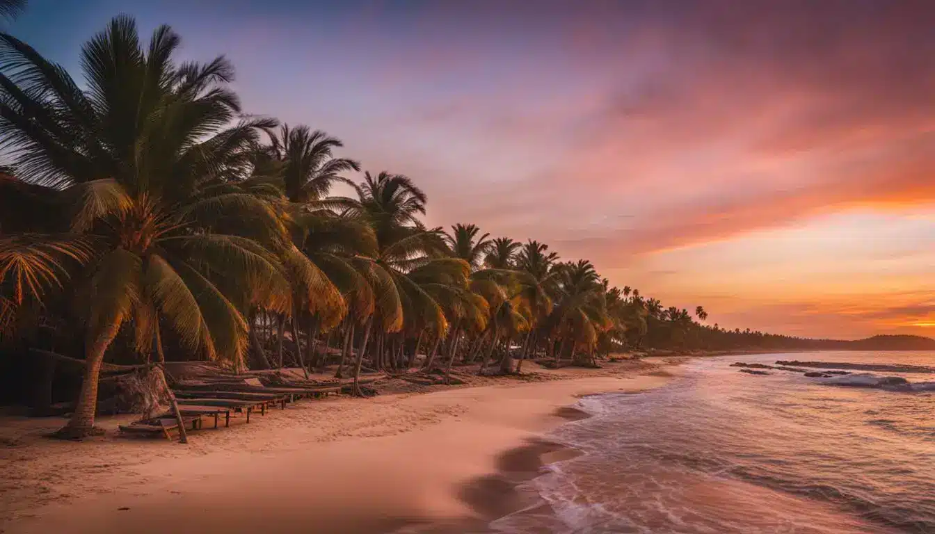 A Vibrant Sunset Over A Beach With Palm Trees, Featuring Diverse People And A Bustling Atmosphere.