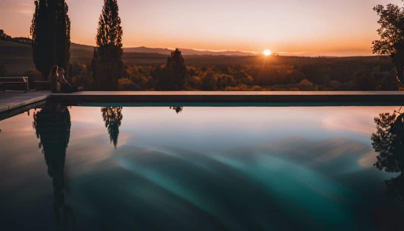 A Vibrant Sunset Reflecting In A Clear Pool, Creating A Colorful And Captivating Scene.