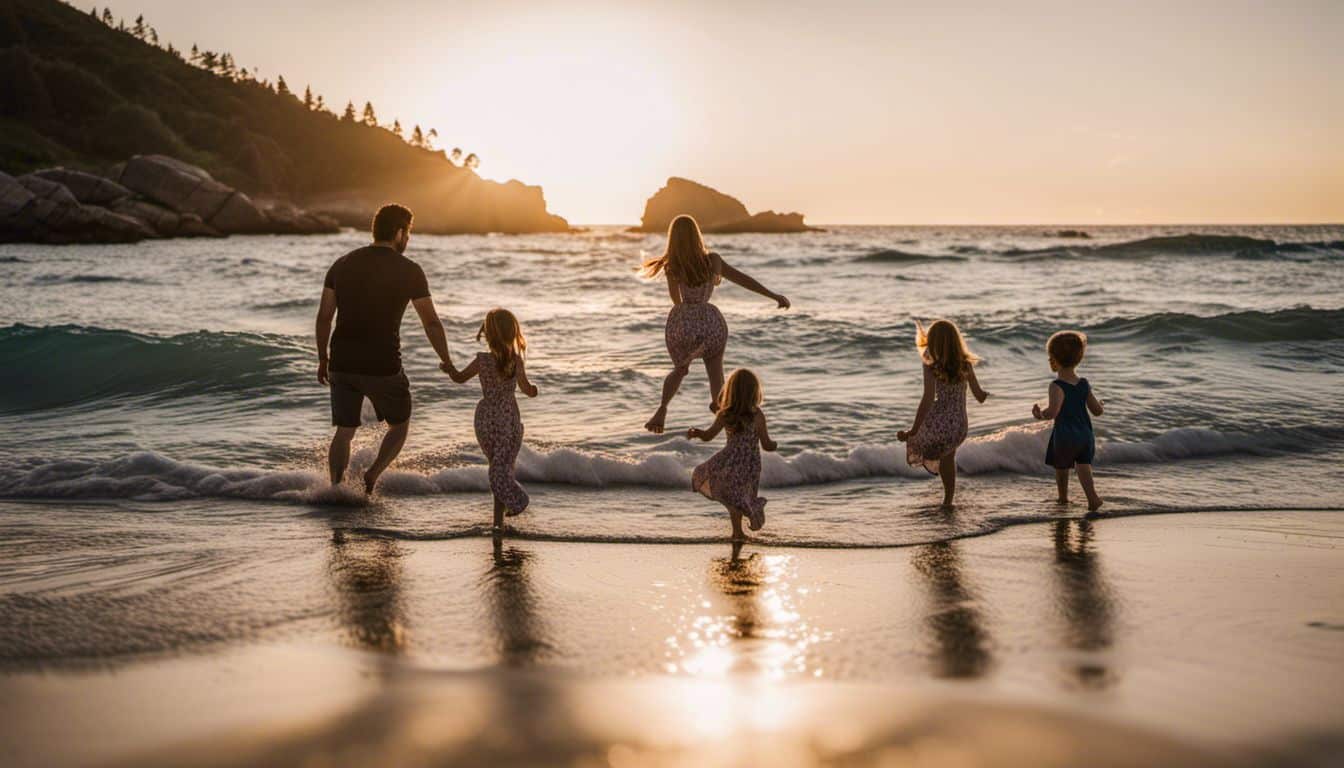 A Caucasian Family Enjoying The Beach At Sunset, Playing In The Waves With Crystal Clear Water And A Bustling Atmosphere.