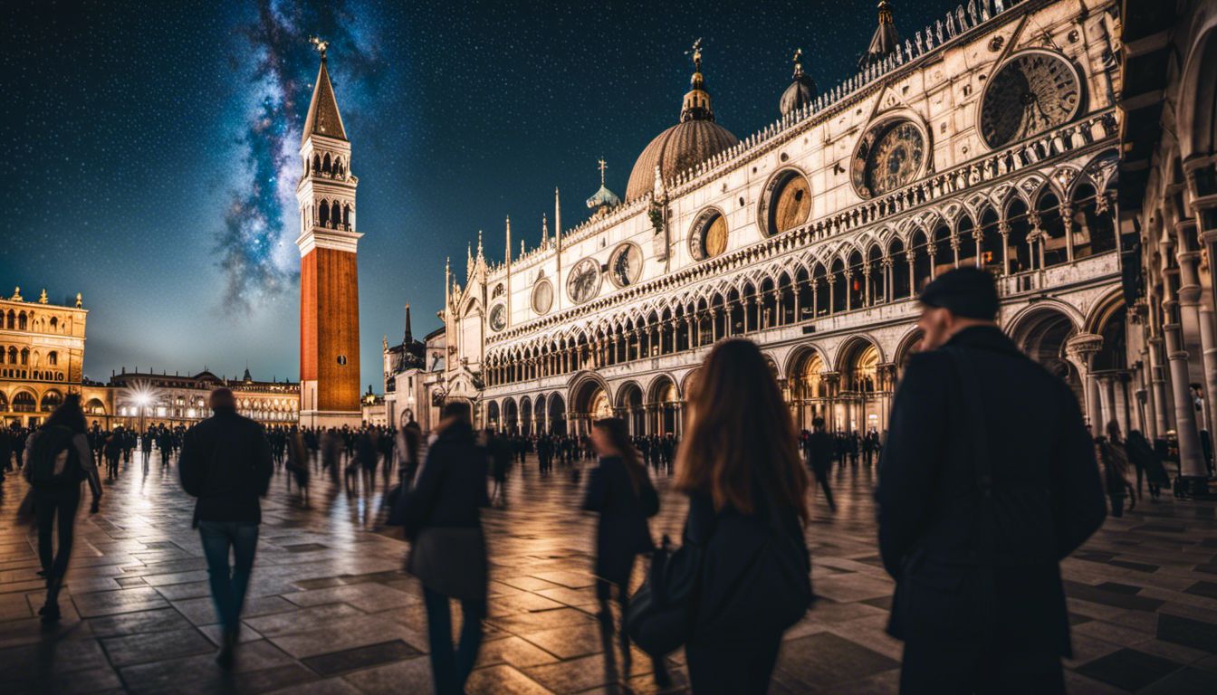 A Stunning Nighttime Photograph Of The Basilica San Marco With A Bustling Cityscape, Featuring Diverse People And Beautiful Architecture.
