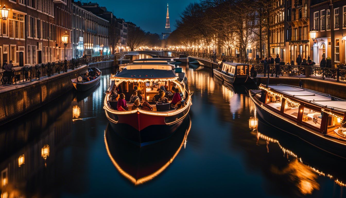 Boats With Christmas Lights Sail Through Canals At Night In A Bustling City, Capturing Diverse Faces, Hairstyles, And Outfits.