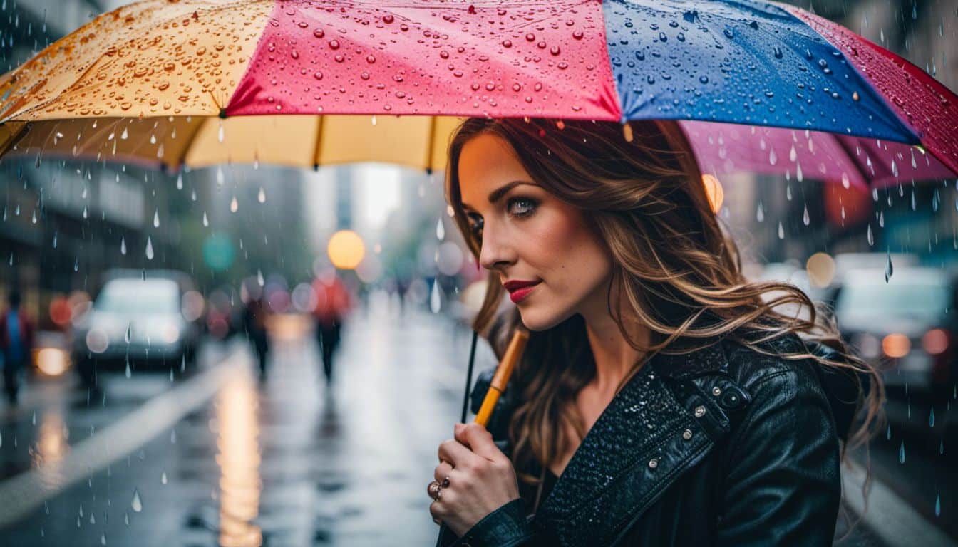 A Vibrant Umbrella In The Rain With A Diverse Group Of People, Capturing The Bustling Atmosphere Of A City.