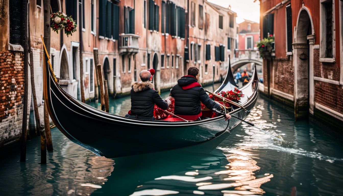 A Gondola Decorated For Christmas Floats Through The Canals Of Venice, Capturing The Bustling Atmosphere And Diverse Faces.