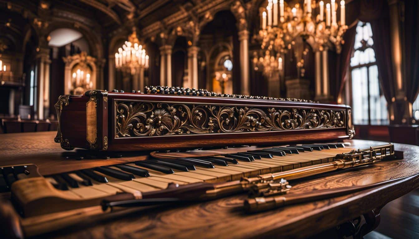 Ornate Musical Instruments Displayed On A Rustic Wooden Table In A Beautifully Decorated Venetian Concert Hall.