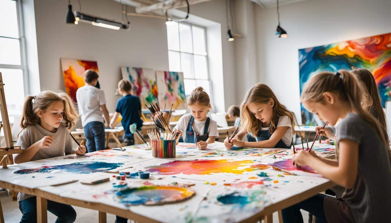Children Of Different Ethnicities And Styles Paint Abstract Artworks In A Bright And Spacious Art Studio.