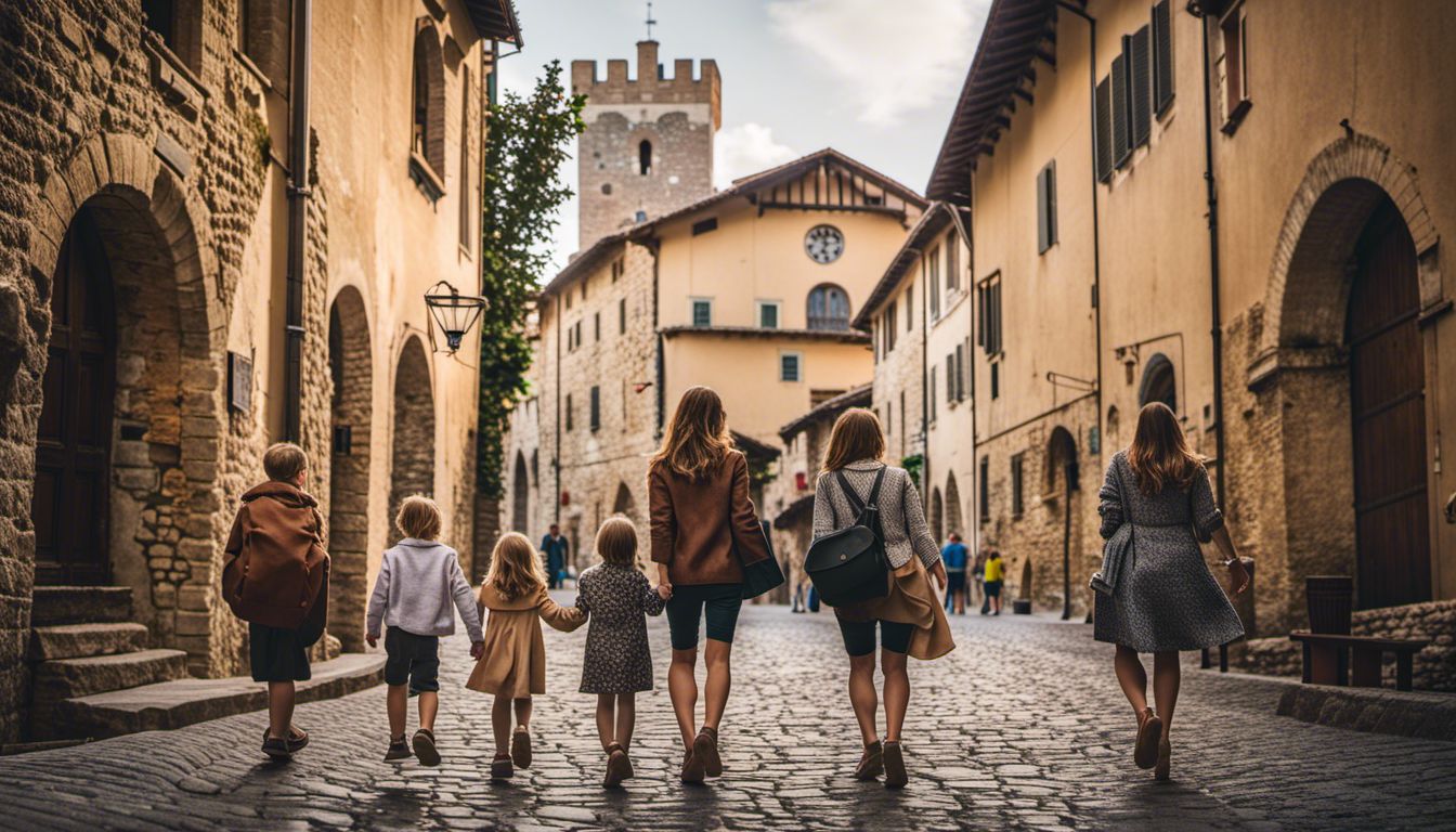 A Family Explores The Medieval Streets Of San Gimignano With Towering Buildings In The Background.