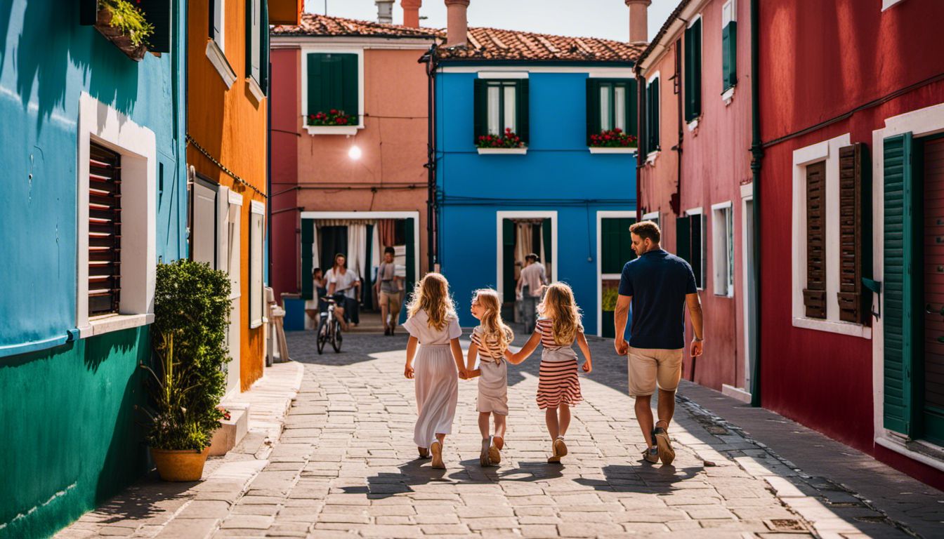 A Family Of Four Exploring The Colorful Streets Of Burano, Showcasing Diversity In Appearance And Outfits.
