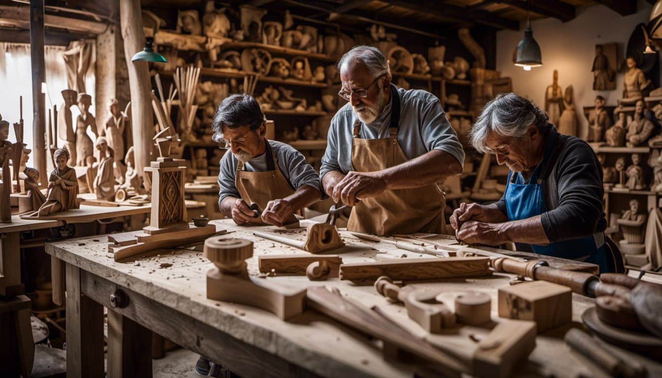 Italian Artisan Carving Wooden Sculptures Engages With Children In A Traditional Workshop, Creating Unique And Detailed Pieces.