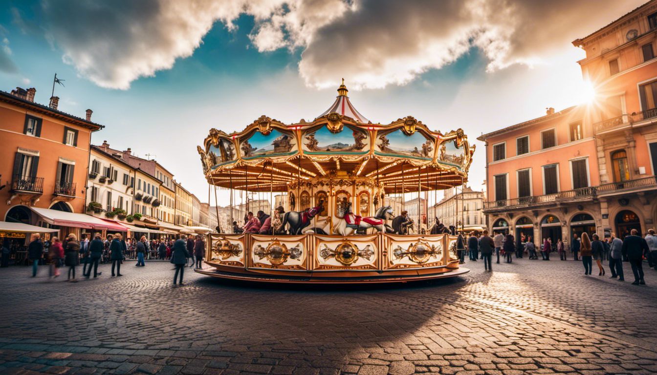 A Lively Italian Town Square With A Colorful Carousel, Featuring Diverse People With Different Hairstyles And Outfits.
