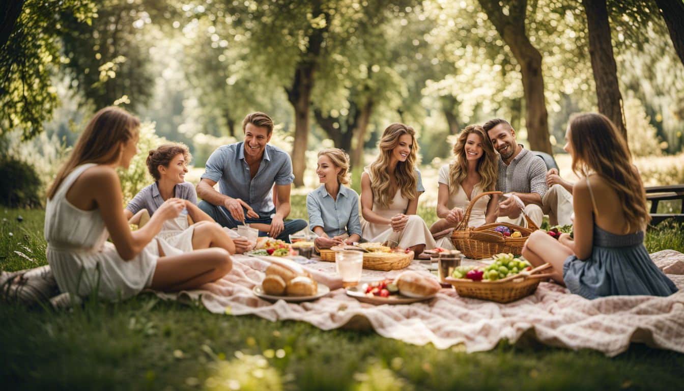 A Diverse Caucasian Family Enjoys A Picnic In A Beautiful Italian Park Surrounded By Lush Greenery.