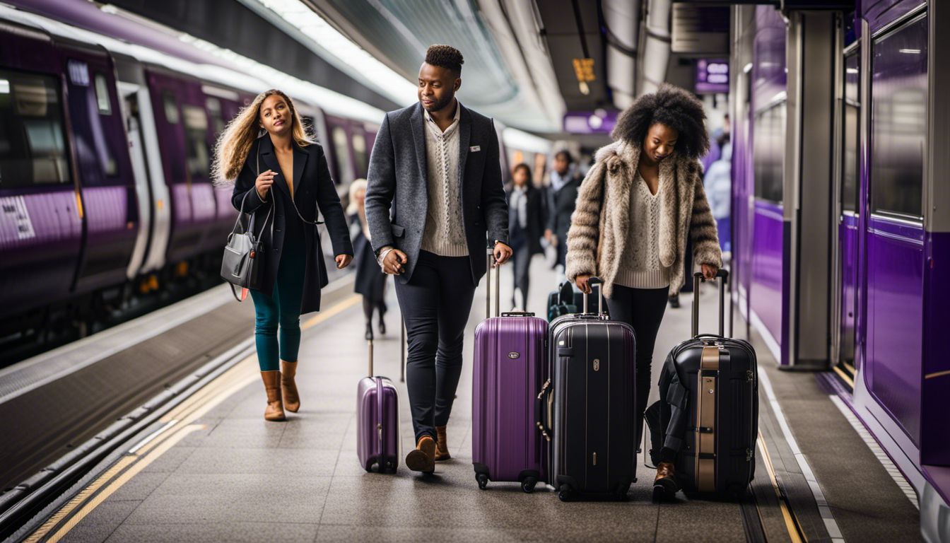 A Diverse Family With Suitcases Standing On An Elizabeth Line Platform, Surrounded By A Bustling Cityscape.